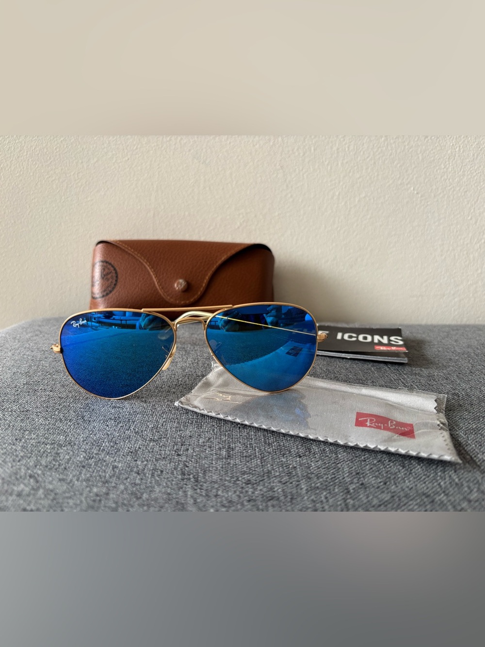 Ray-Ban Gold Aviator Sunglasses with Blue Lenses